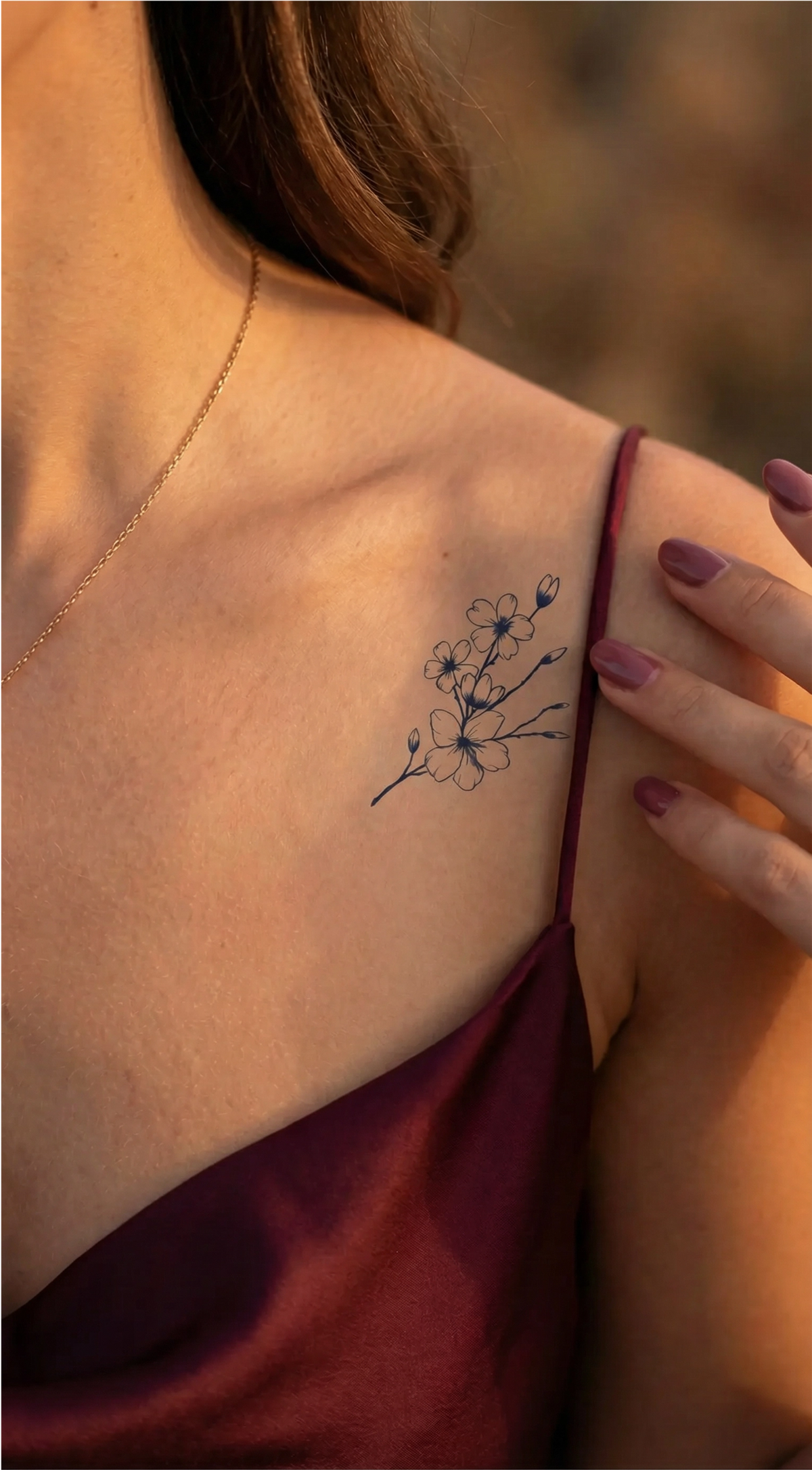Tatuaj delicat cu flori de cireș, realizat în tehnica Fine-Line, pe antebraț