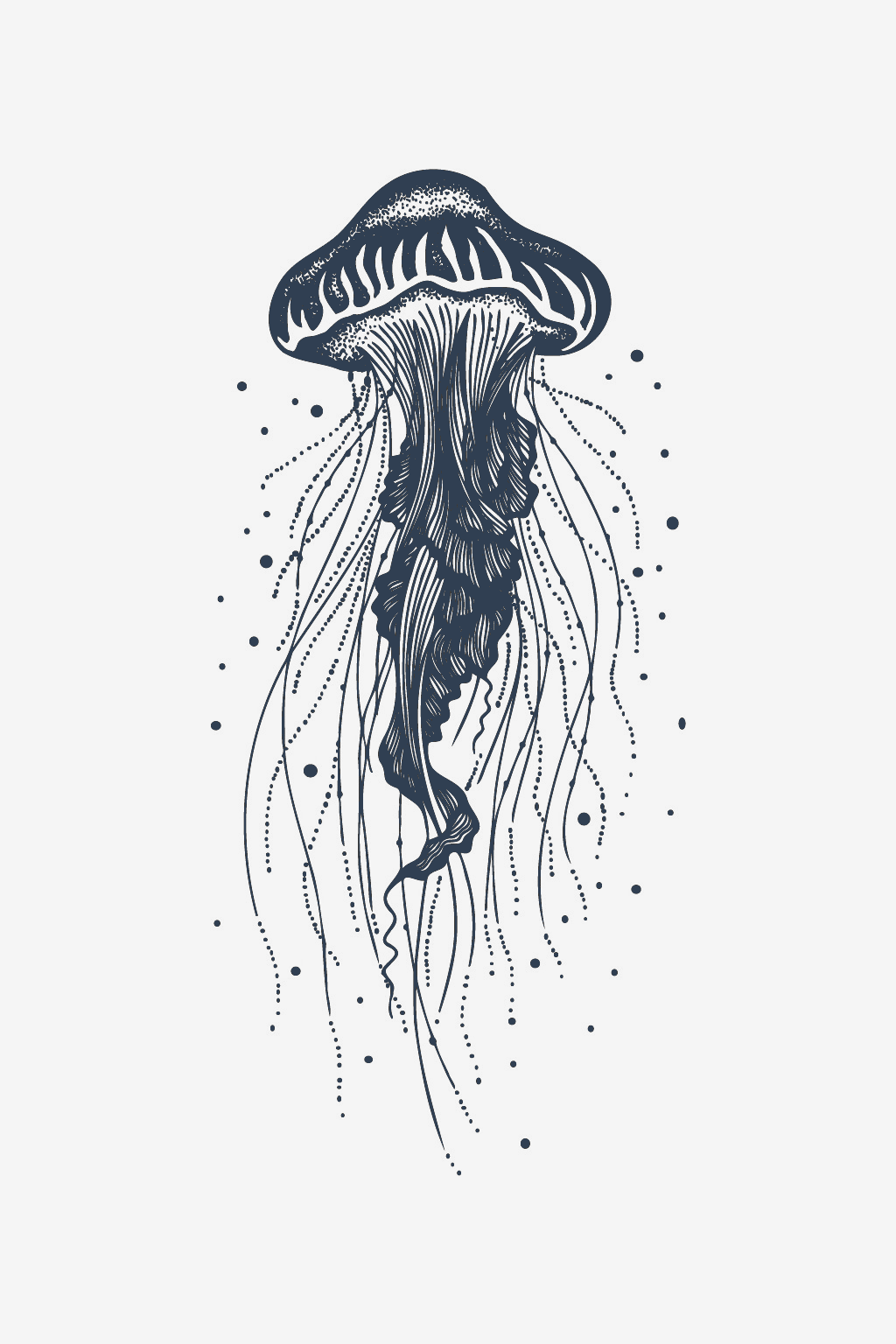 Ilustrație stil gravură a unei meduze marine cu tentacule lungi, model de tatuaj temporar InkLabs