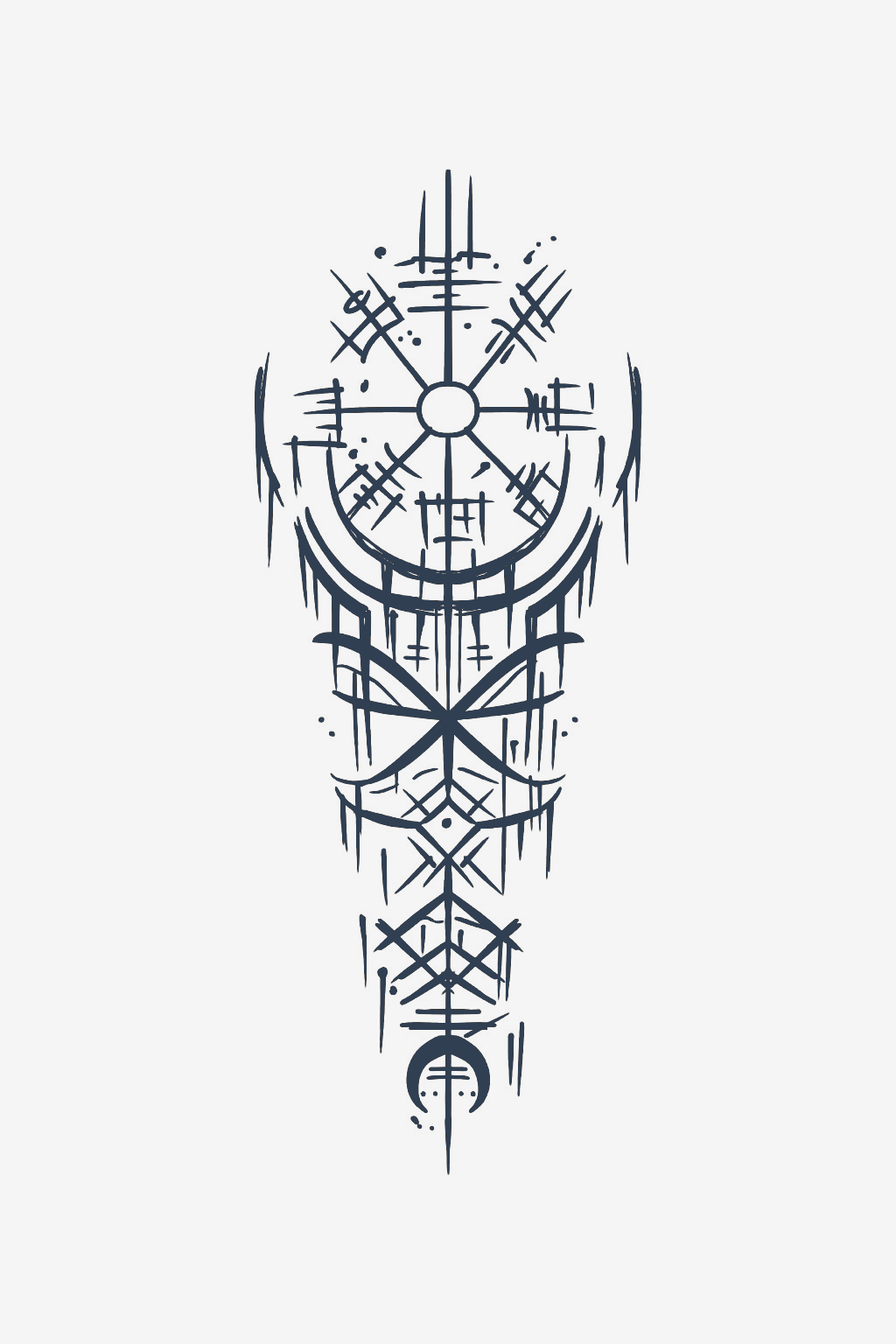 Tatuaj temporar cu compas runic stilizat, ilustrație verticală cu linii geometrice fine, potrivit pentru coaste