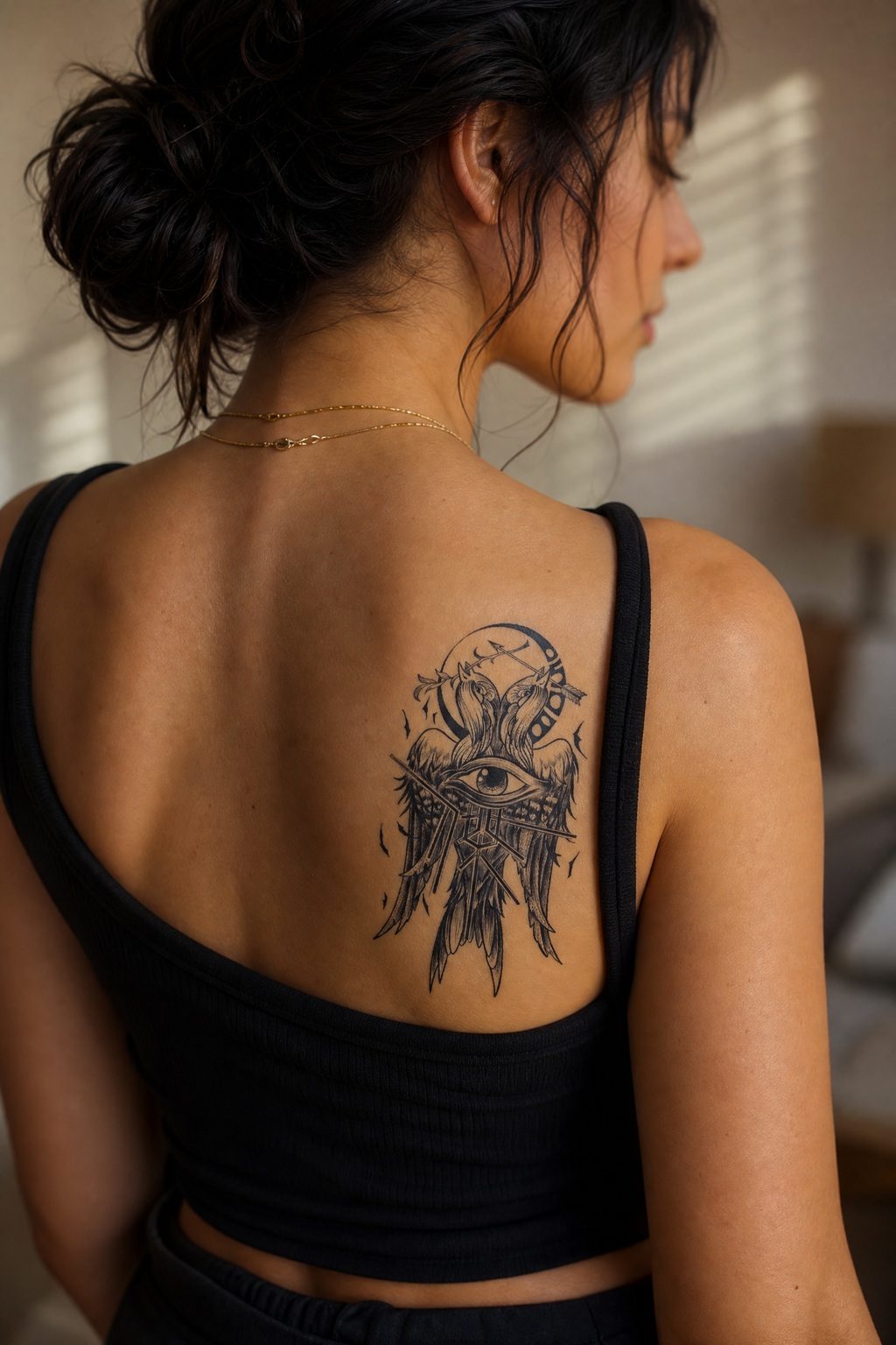 Tatuaj temporar Ochiul Divin, cu un ochi central, două păsări și o semilună, aplicat pe piele