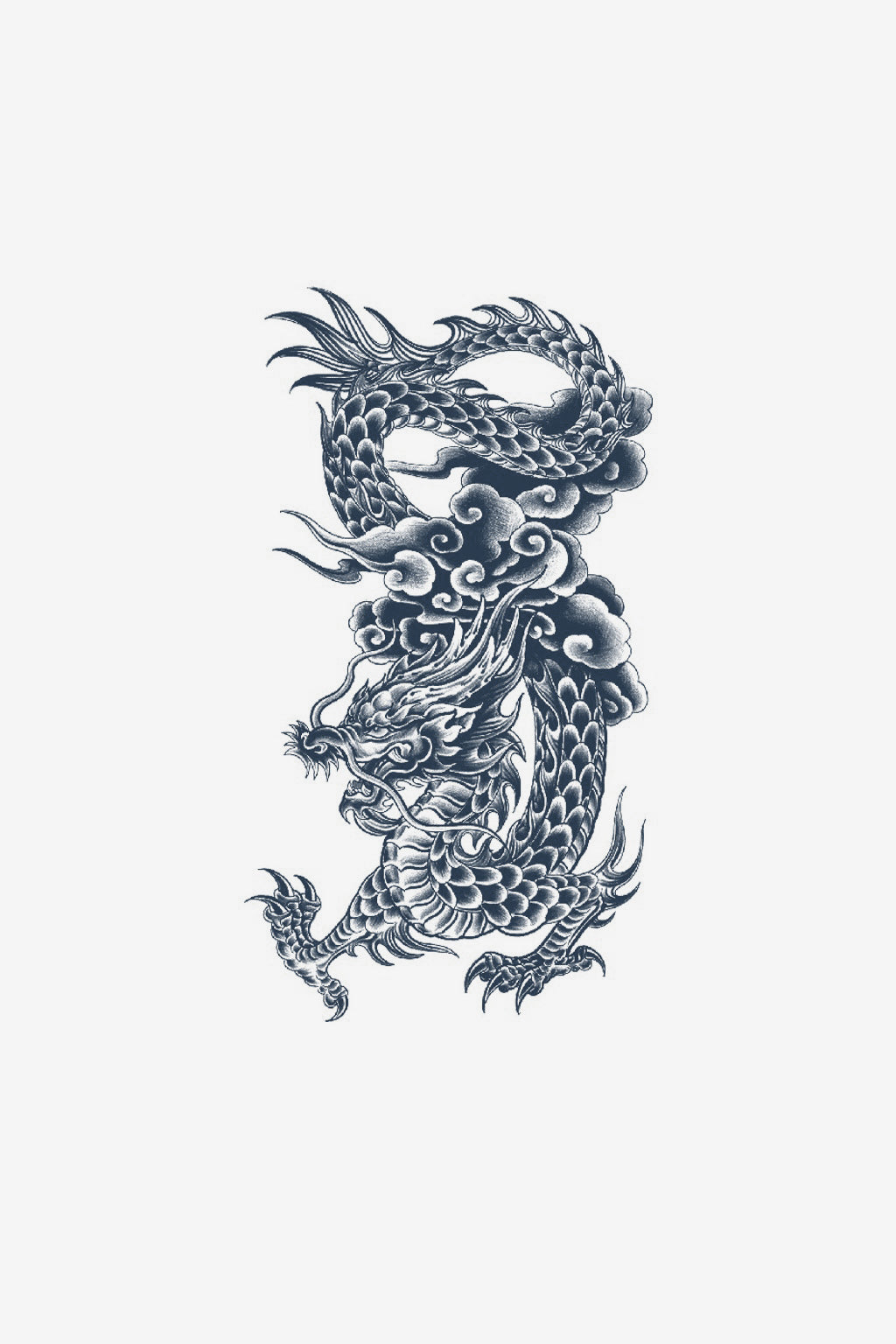 Stăpânul Cerurilor: dragon în stil estic, plutind printre nori, realizat în linii fine