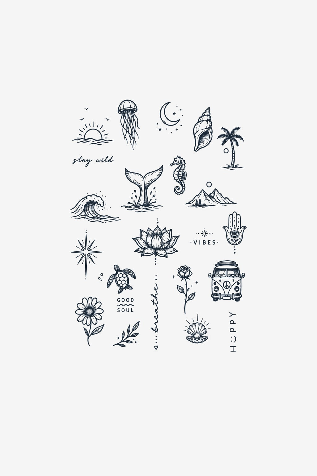 Set Oceanic - pachet cu modele de tatuaje temporare cu meduză, val, palmier, lotus și mesaje scurte