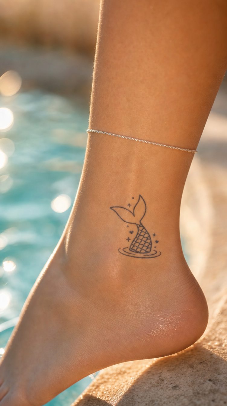 Tatuaj temporar Sirena a corpo intero, cu coada întinsă, aplicat pe piele