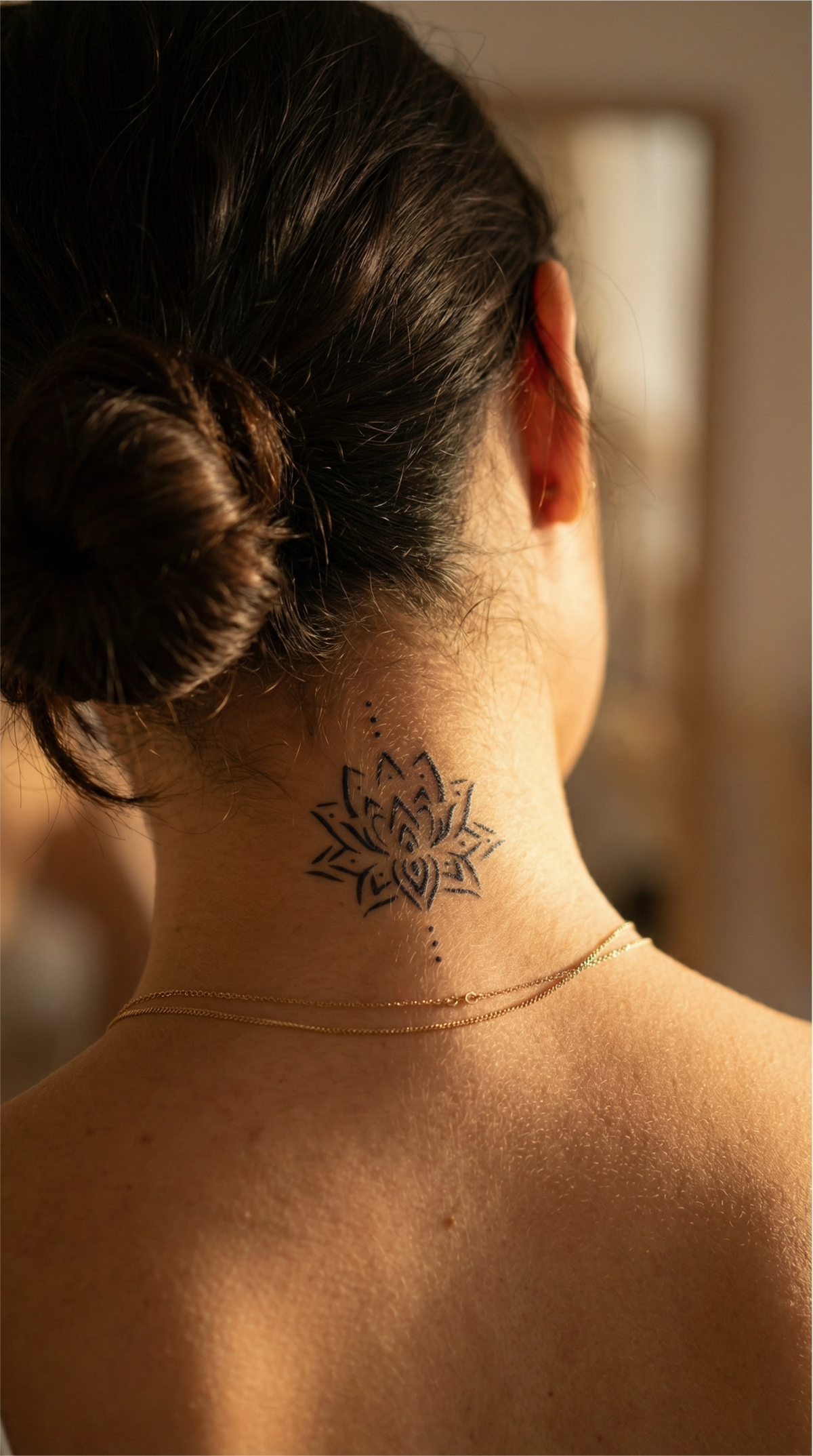 Tatuaj temporar cu lotus și linii fine, la scară potrivită pentru dosul mâinii