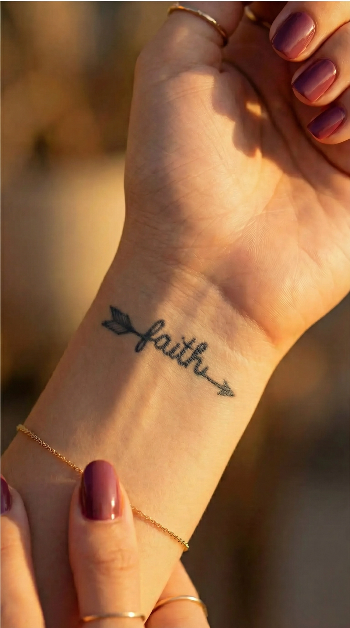 Tatuaj temporar cu săgeată și cuvântul faith, model fine-line InkLabs