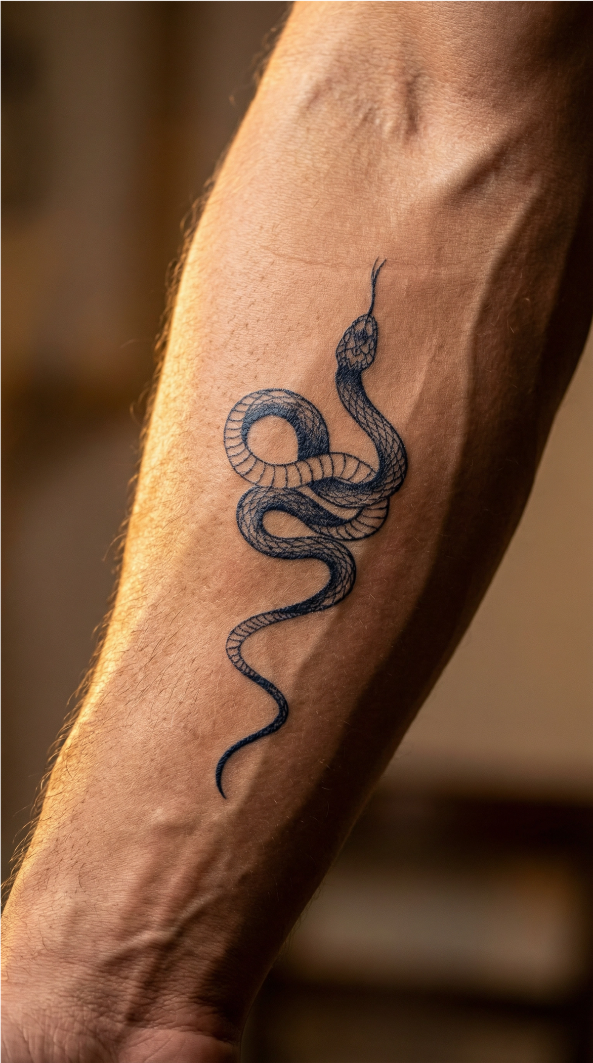 Designul semipermanent Sarpe Gratios aplicat pe coapsa exterioară, urmărind linia curbei